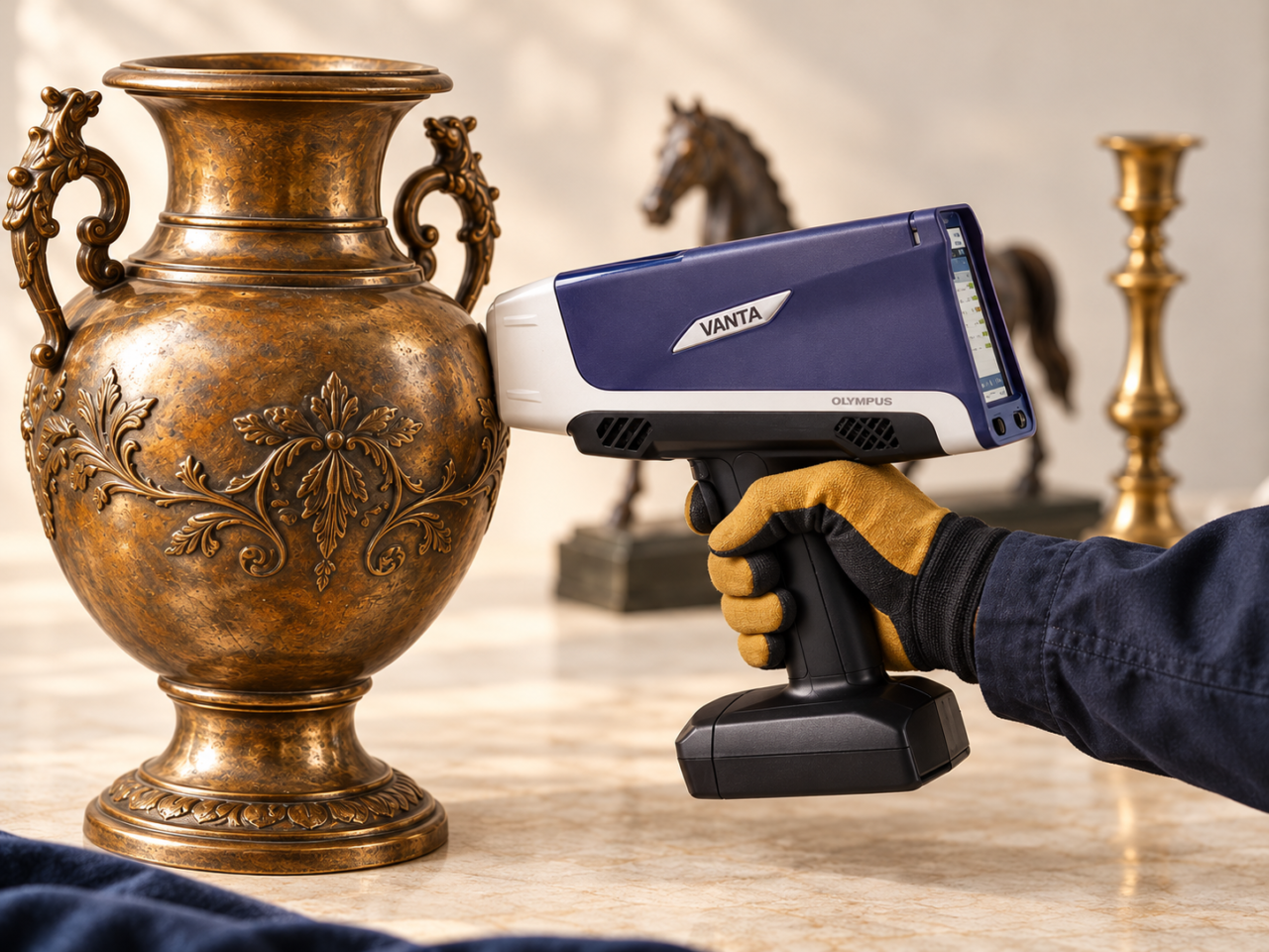 VANTA Coreを金属製の花器に当てて分析しているイメージ