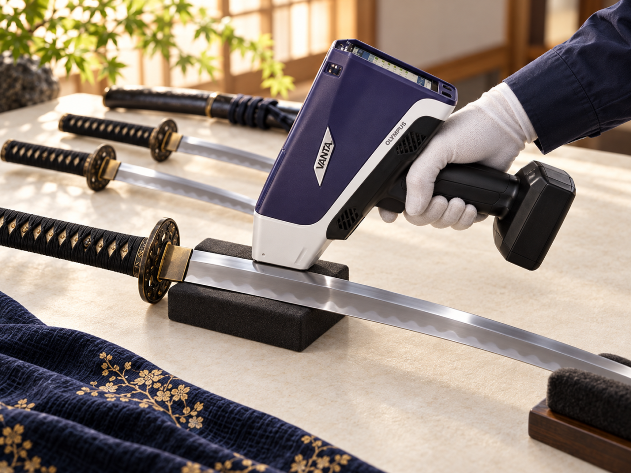 VANTA Coreを日本刀の刀身に当てて分析しているイメージ